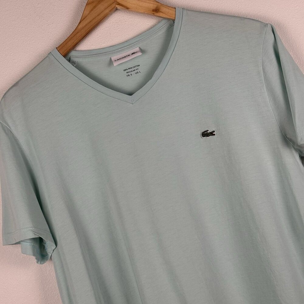 Lacoste V Neck T-Shirt Size Large FR 5 Teal Green 100% Pima Cotton Regular Fit